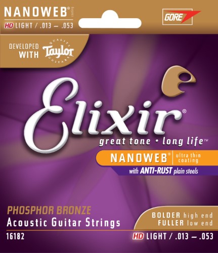 Elixir 16182 NANOWEB Phosphor Bronze Acoustic Guitar Strings HD Light 13-53