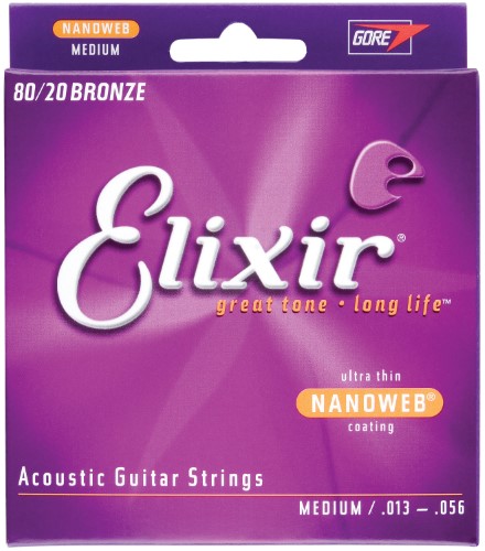Elixir 11102 Nanoweb 80/20 Medium Acoustic Guitar Strings 13-56 Gauge