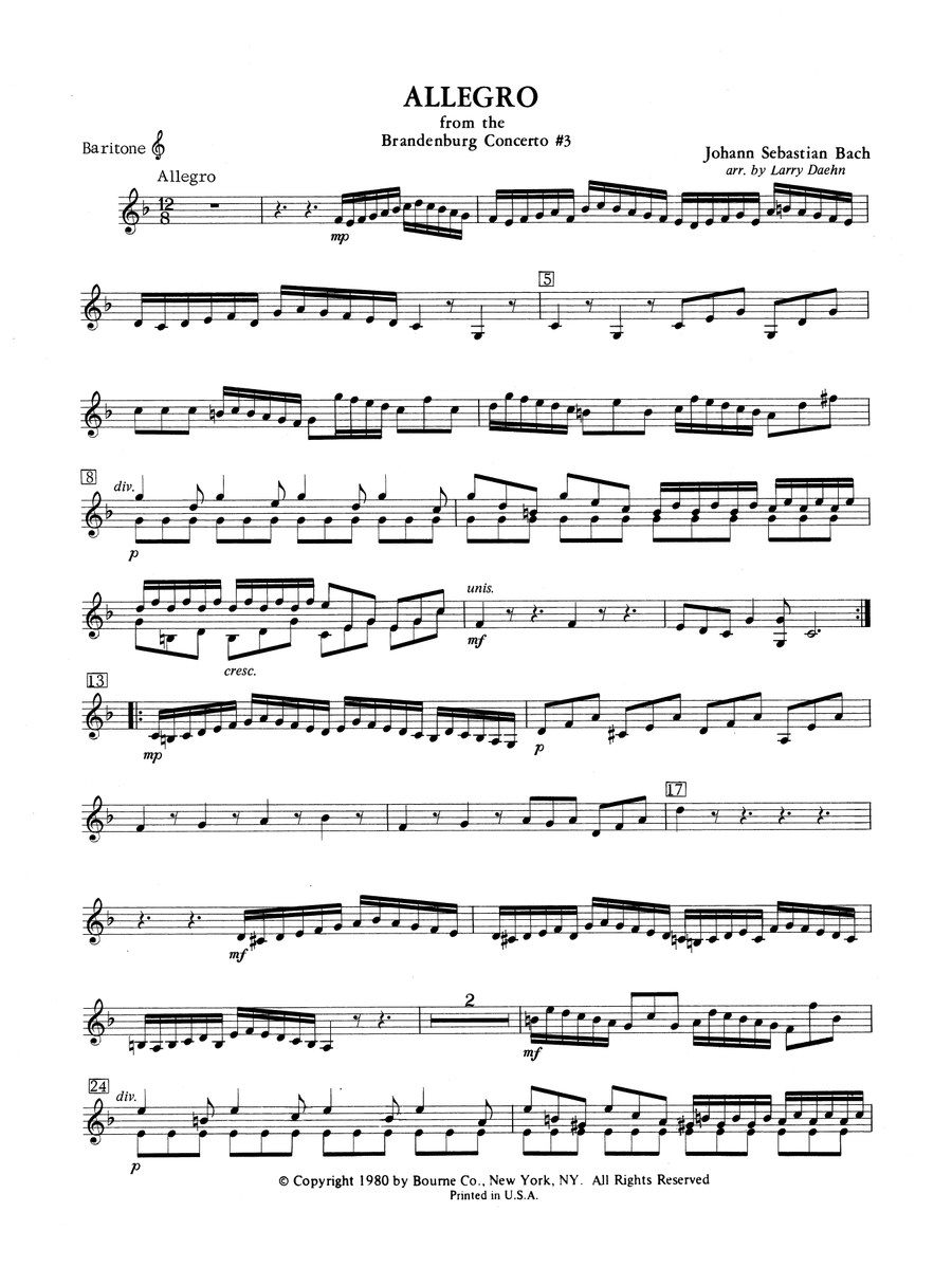 Allegro from Brandenburg Concerto No. 3 - Baritone T.C.