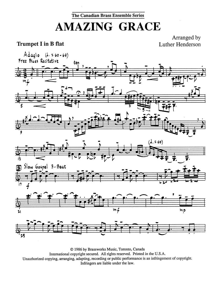 Amazing Grace - Bb Trumpet 1 (Brass Quintet)