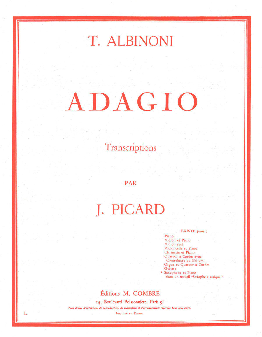 Adagio - partition saxophone, Tomaso Albinoni