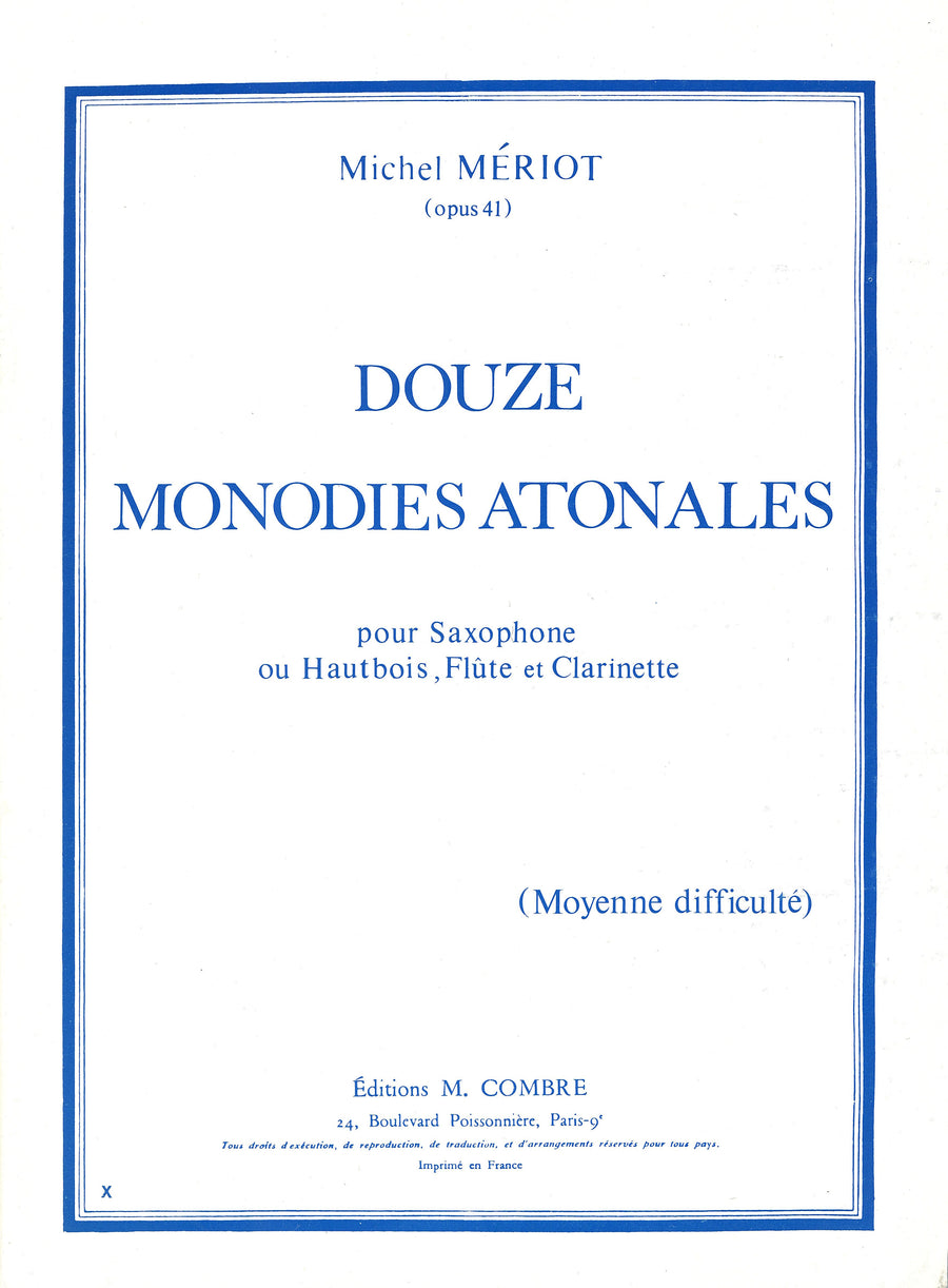 Monodies atonales (12) - partition flûte, Michel Meriot